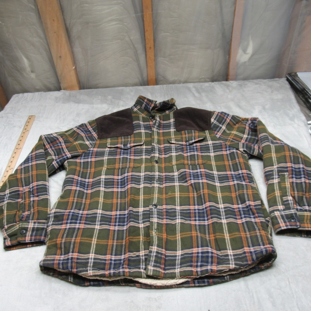 Field & Stream Flannel Jacket‎ Men XL Green Plaid Sherpa Lined Button Front